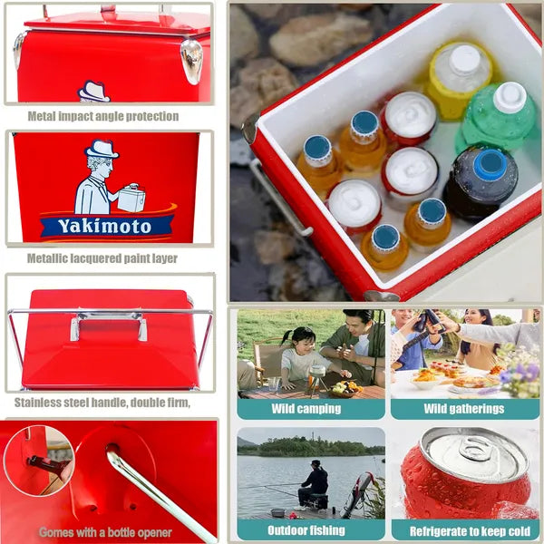 AEELLEEA 14 Quart Retro Metal Cooler Box with Bottle Opener, Portable Insulated Ice Chest for Camping Beach Outdoor Party