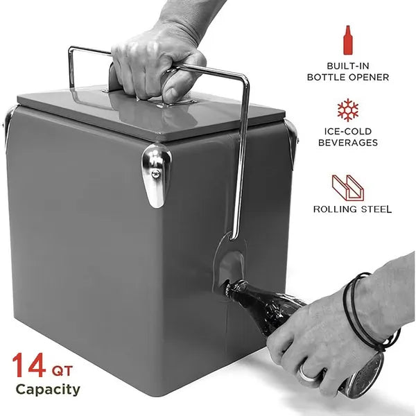 AEELLEEA 14 Quart Retro Metal Cooler Box with Bottle Opener, Portable Insulated Ice Chest for Camping Beach Outdoor Party