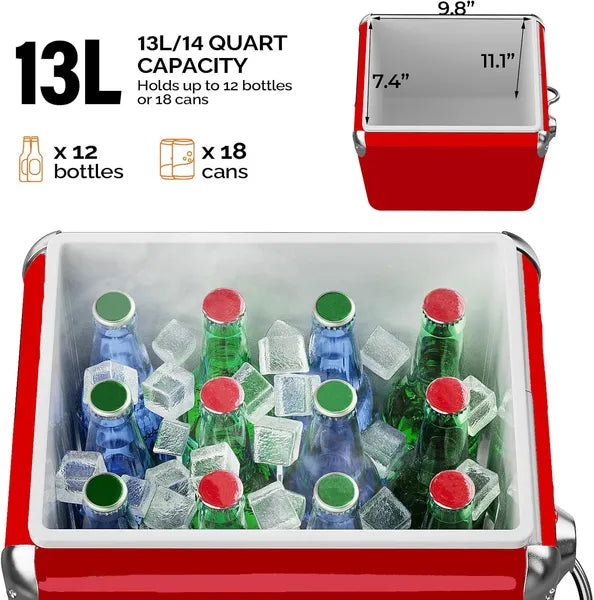 AEELLEEA 14 Quart Retro Metal Cooler Box with Bottle Opener, Portable Insulated Ice Chest for Camping Beach Outdoor Party