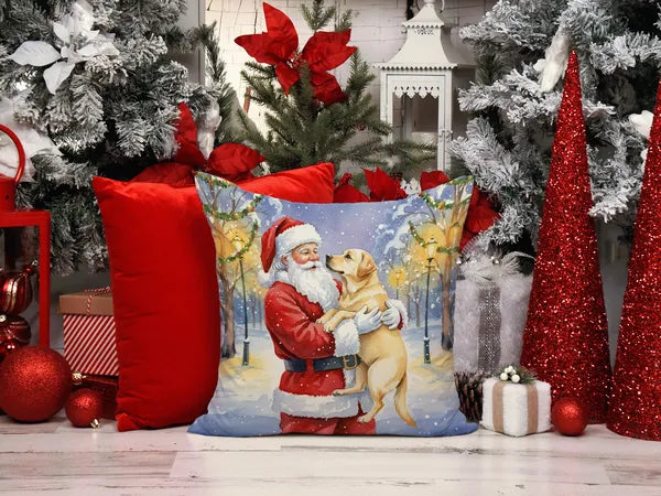 Aeelleea Yellow Lab Santa Throw Pillow 14x14 in, Christmas Dog Decor Cushion for Couch Bed Patio