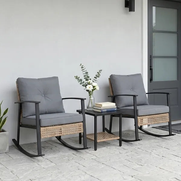Aeelleea Yellow Rattan 3-Piece Patio Set, 2 Rocking Chairs & Coffee Table, Hand-Woven Balcony Garden