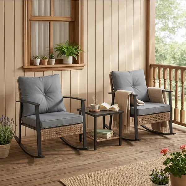 Aeelleea Yellow Rattan 3-Piece Patio Set, 2 Rocking Chairs & Coffee Table, Hand-Woven Balcony Garden
