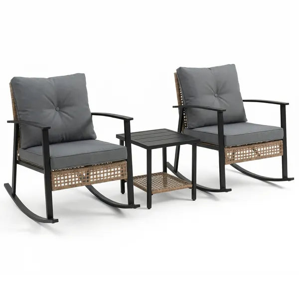 Aeelleea Yellow Rattan 3-Piece Patio Set, 2 Rocking Chairs & Coffee Table, Hand-Woven Balcony Garden