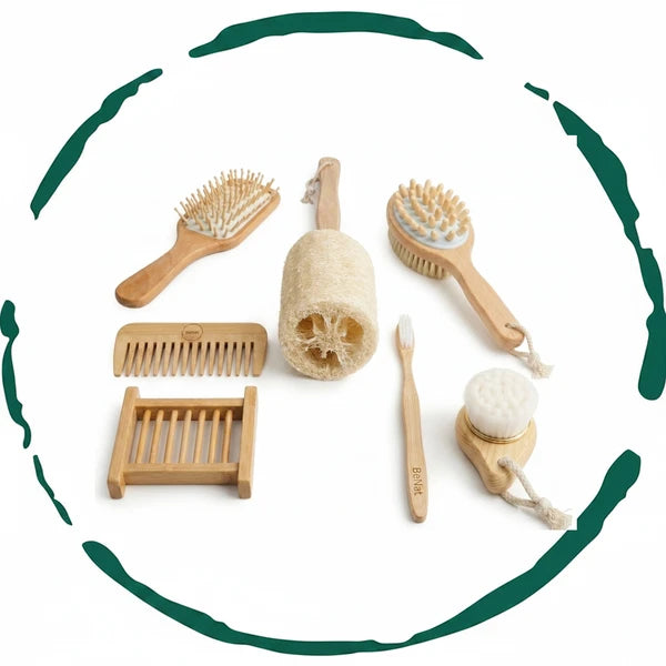 Aeelleea Zero-Waste Bamboo Bathroom Set, 7-Pack Eco Friendly Bath Gift Set Boar Bristle Brush Loofah Toothbrush Soap Dish