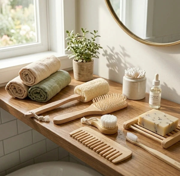 Aeelleea Zero-Waste Bamboo Bathroom Set, 7-Pack Eco Friendly Bath Gift Set Boar Bristle Brush Loofah Toothbrush Soap Dish
